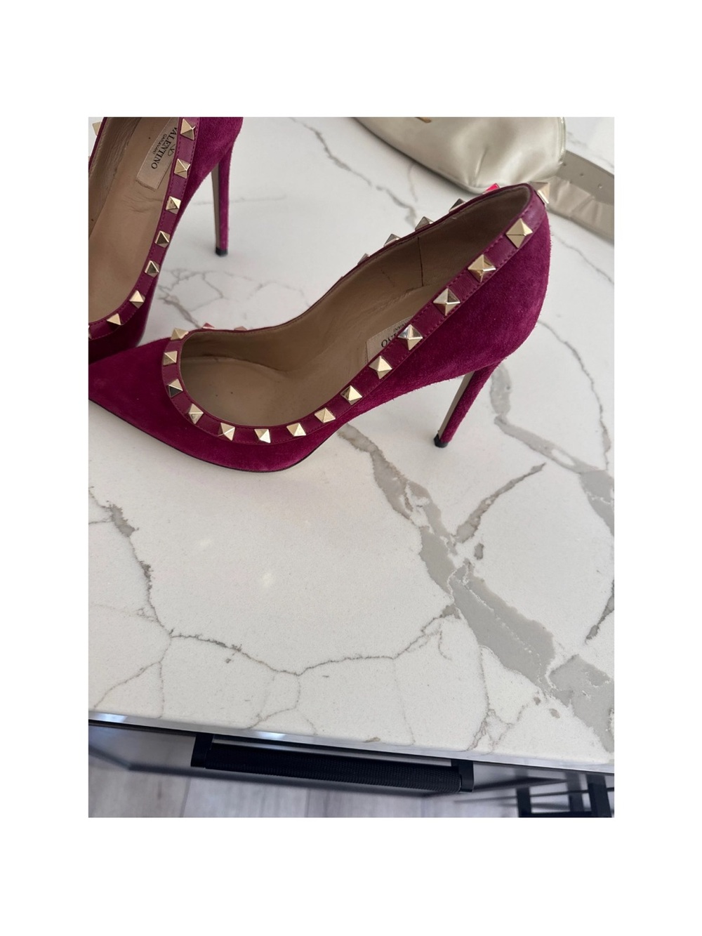 Valentino Garavani Rockstud Pointed Pumps in Magenta Suede with Gold Studs - Picture 2 of 7